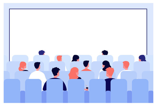 Rows of people sitting on seats in cinema hall at big white screen. Men and women watching movie in cinema theatre. Vector illustration for premiere night, audience, auditorium concept