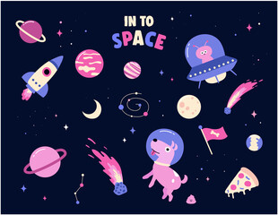 Cute cosmos stickers set concept. Set on a space theme with aliens, ufo, rocket, dog, pizza, planets - moon, saturn, stars. isolated on black background. funny cartoon space set vector illustration.