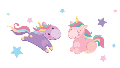 Two gentle unicorns with developing manes and ponytails, the boy runs to the girl. Around the horses are multi-colored stars, purple, pink, blue.Vector illustration for kids. Poster for a nursery,card