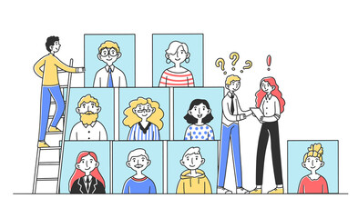 HR managers looking for talented people for job flat illustration. Client asking company employee questions. Communication, interview and business concept