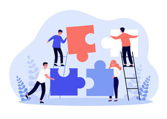 Tiny people connecting puzzle parts. Business team working on jigsaw together. Vector illustration for partners connection, cooperation, teamwork, partnership concept
