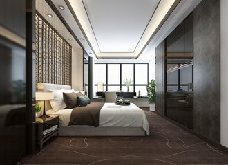 3d rendering beautiful luxury bedroom suite in hotel with tv and working table