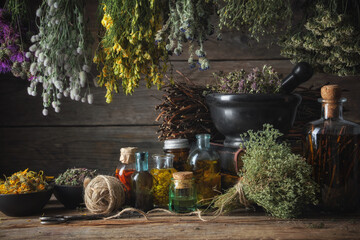 Hanging bunches of medical herbs, mortar and bowl with dried medicinal plants, infusion and...