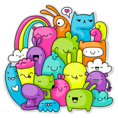 Happy bunch of colorful creatures and monsters, vector illustration