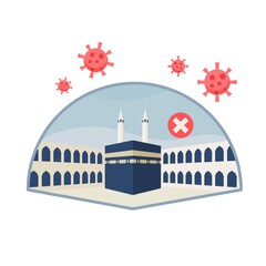 Islamic hajj pilgrimage is canceled due to pandemic covid-19. Flat style vector illustration of Kaaba in Al-Haram mosque Mecca is protected from coronavirus outbreak. Eid Adha Mubarak.