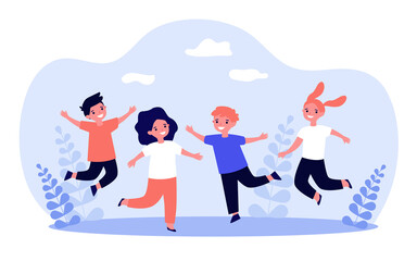 Happy children playing together. Cheerful boys and girls jumping outdoors, having fun and laughing with nature in background. Vector illustration for childhood, active kids, joy concept