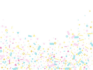 Memphis style geometric confetti background with triangle, circle, square shapes, zigzag and wavy line ribbons. 