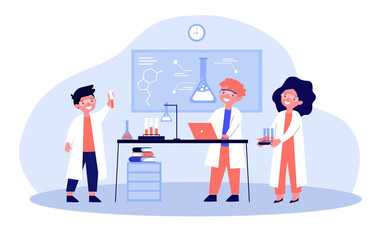 School children conducting chemical experiment in lab at chemistry class. Happy kids fond of science. Vector illustration for education, chemistry learning, school lab concept