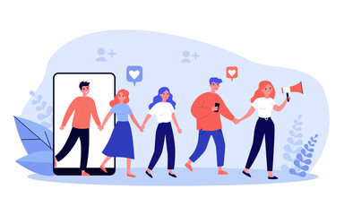 Refer a friend concept. People giving likes, sharing information about referrals on social media and earning money. Vector illustration for influenced marketing or loyal program topics