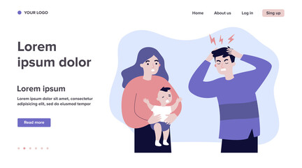 Young father tired of migraine because of crying baby. Mom holding child and dad touching head flat vector illustration. Depression and headache concept for banner, website design or landing web page