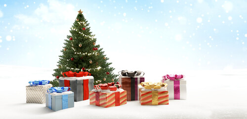Christmas tree and presents at snow background  3d-illustration