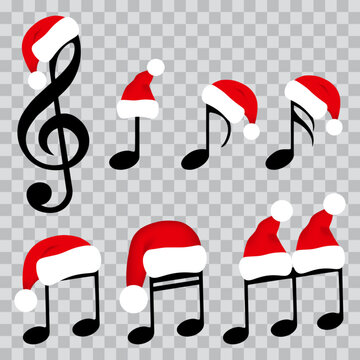 Music notes with red Santa Claus hats, isolated vector illustration.