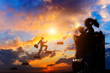 At sunrise, the businessman stepped on the steps to the dollar sign on top of the mountain.