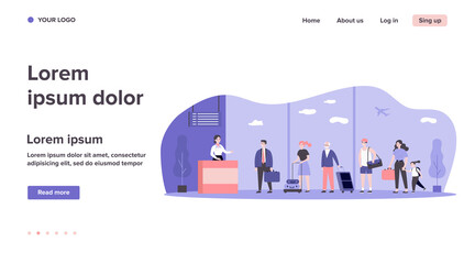 Line of travelers at check-in desk in airport. Queue of passengers waiting at registration counter. Can be used for travel, transportation, airlines, departure area concept