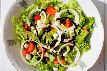 Greek salad top view close up