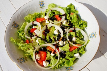 Greek salad top view close up