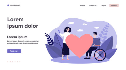 Woman and handicapped man holding big heart. Love, together, nursing flat vector illustration. Care, aid and relationship concept for banner, website design or landing web page