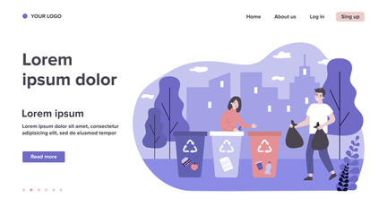 Positive man and woman sorting waste. Volunteers, trash bin, garbage collecting flat vector illustration. Recycling, separation, volunteering concept for banner, website design or landing web page