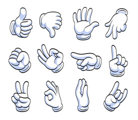 Different cartoon hands in white gloves flat icon set. Human character hand pointing with finger, waving, showing, thumbing up vector illustration collection. Expression and gesture concept