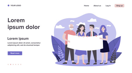 People gathering for protest. Diverse group standing together and holding blank banner flat vector illustration. Position and activism concept for banner, website design or landing web page