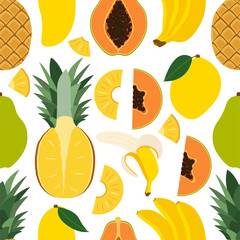 Exotic fruits: pineapple, papaya, mango. 