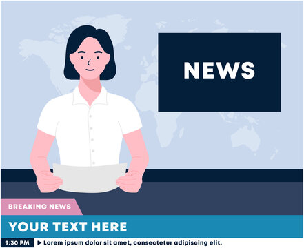 woman tv newscaster reporting sitting in a studio. anchorwoman on tv broadcast news. News anchor broadcasting the news live on screen. Media on television concept. Breaking News. vector illustration.