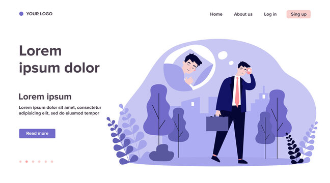 Tired sleepy office man walking to work. Sad exhausted businessman going outside. Flat vector illustration for coffee addiction, insomnia, sleep problem concept