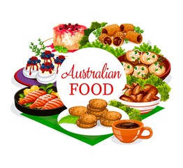 Australian cuisine food menu, meat and fish dishes, Australia restaurant traditional meals, vector. Australian veal meat, lamb in puff pastry, crumpled rosemary potatoes and Pavlova cakes dessert