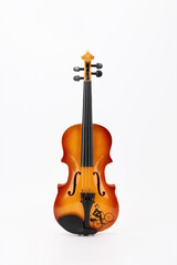 A wooden violin against a white background.