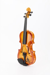 A wooden violin against a white background.