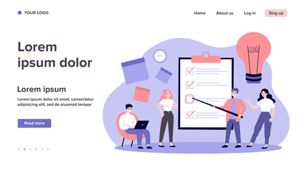 Team members sharing ideas during brainstorm set. Company managers thinking together, discussing project, filling up checklist. Can be used for teamwork, cooperation, coworkers concept