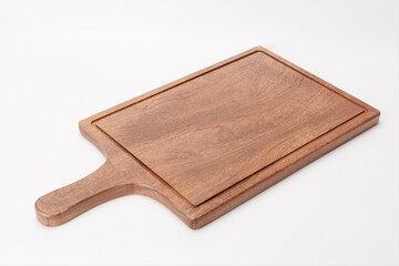 Natural wood cutting board that can be held by hand on a white background