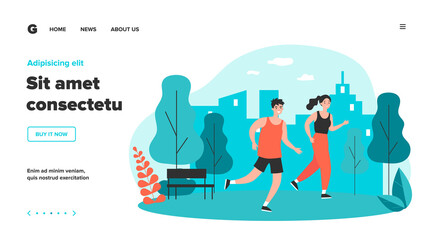 Happy joggers running at park flat vector illustration. Cartoon runners jogging marathon together. Sport, fitness and healthy lifestyle concept