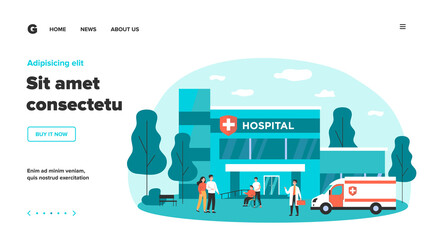 Hospitalized patients and doctors near hospital flat vector illustration. Cartoon people in front of medical building. Emergency and healthcare concept