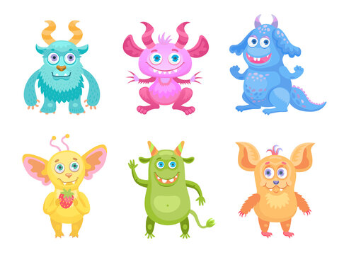 Cute cartoon monsters flat icon set. Funny comic characters of Halloween creatures, aliens, trolls vector illustration collection. Scary animals and party concept