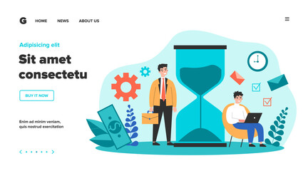 Businesspeople following time table near hour glass. Freelancer working in morning, using laptop under clock. Vector illustration can be used for time management, chronometer, planning day concept