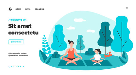 Happy mom and daughter practicing yoga in park. Woman and girl training outdoors. Flat vector illustration for family activity, outdoor workout, fitness, leisure concept