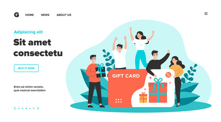 Customers getting gift card. Cheerful people happy about discount card, coupon or voucher. Vector illustration for sale, loyalty program, bonus, promotion concept