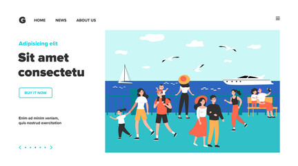 Obraz premium Happy people walking along sea on quay isolated flat vector illustration. Cartoon characters relaxing at seaside and watching boats. Summer activity and vacation concept