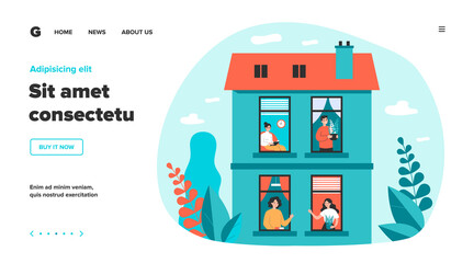 People staying at home under quarantine. Neighbors talking to each other through open windows. Vector illustration for communication, lockdown, neighborhood concept