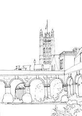 Westminster abbey courtyard and Parliament tower, London, UK, graphic black and white drawing, travel sketch