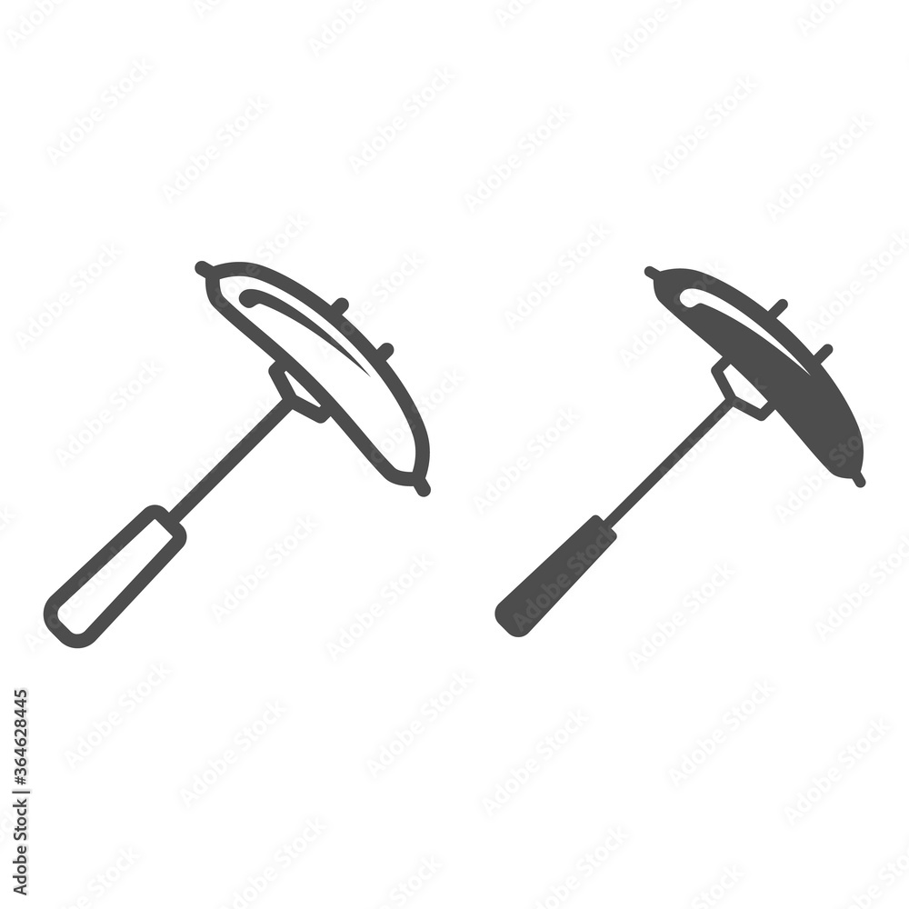 Poster sausage on a fork line and solid icon, picnic concept, grill sausage sign on white background, bbq s