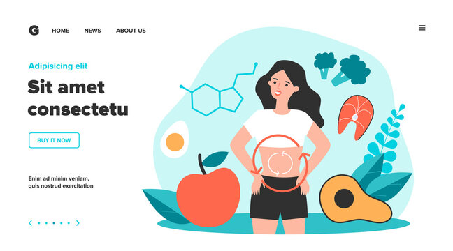 Metabolism of human organism flat vector illustration. Cartoon young woman eating diet food for energy. Digestion, metabolic system and hormones concept