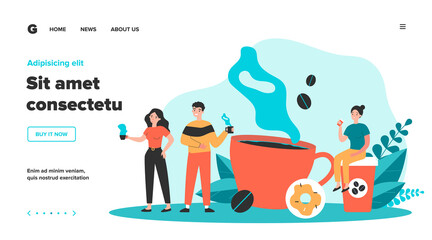 People at coffee break flat vector illustration. Tiny man and women relaxing, talking and drinking coffee. Communication and office experience concept