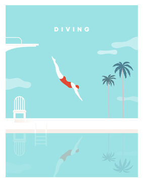 Woman character dives. jumping into water. a jump of a sporty woman into swimming pool. Female wearing swimming suit. diving board, Palm tree, Chair. Modern style. Vector flat illustration.