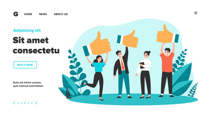 Happy clients giving positive feedback to product quality. Customers showing like, giving support to top service. Vector illustration for rating, survey, marketing, business success concept