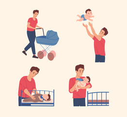 Father spends time with his son. Vector illustration in a flat style. Dad takes care of the baby: he walk with a child, feeds him from the bottle and puts him in bed.
