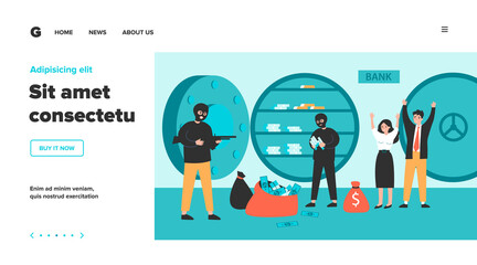Gangsters and bank workers during robbery. Burglars with gun removing stacks of money from open safe to bags. Flat vector illustration for criminals, finance loss, security, crime concept