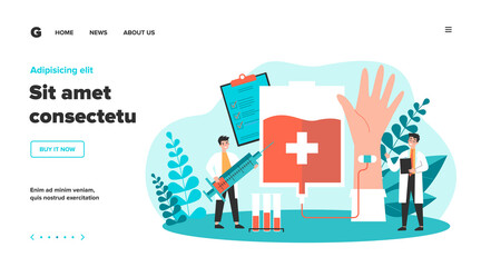 Fototapeta na wymiar Donating blood in hospital flat vector illustration. Cartoon doctor or nurse taking blood from donor infographics. Health, emergency and medicine concept