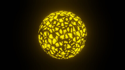 Illustration graphic of a 3d render yellow plasma or fire sphere or circle isolated on black background seamless loop . energy ball in dark.